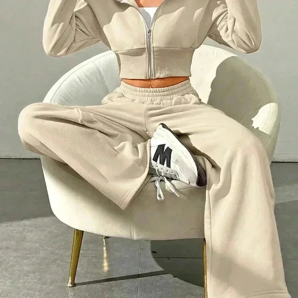 Khaki Casual Women's Zipper Front Hoodie And Pants Set - Picture 5 of 7